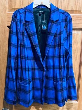 torrid Electric Blue Plaid Single-Button Blazer with Black Accents